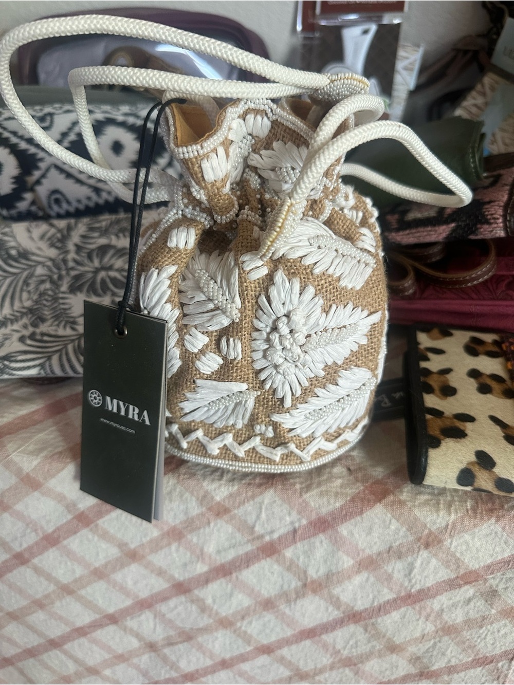 Myra Bag Natural & White Embroidered Drawstring Mini Bucket Bag - Picture 1 of 3